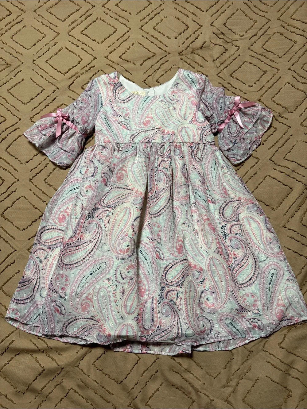 Laura Ashley Pink Paisley Bell-Sleeve Dress with Bow Details